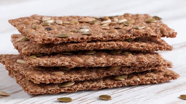 Close Up Stack of Healthy Multigrain Crispbreads Topped with Various Seeds on Wooden Table.