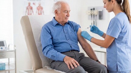 Obraz premium Elderly man receiving a flu shot from nurse in medical clinic 