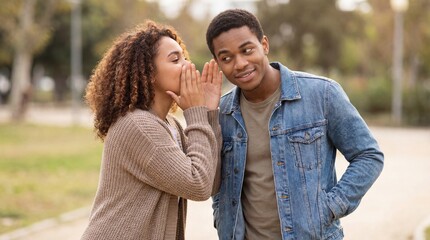 Fototapeta premium Young woman whispering to young man while standing outdoors in park 