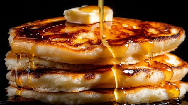 Golden Syrup Drizzles Down Stack of Fluffy Pancakes with Melting Butter for Delicious Breakfast.