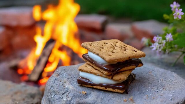 Gooey smores dessert with melted chocolate and marshmallow by a warm outdoor campfire.
