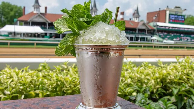 Iconic Mint Julep Cocktail with Fresh Mint Garnish and Crushed Ice at Historic Racetrack.