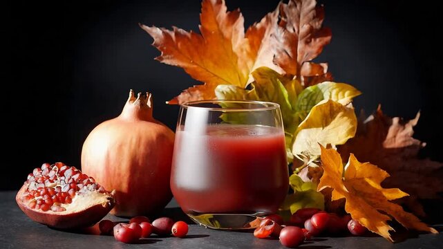Vibrant Pomegranate Juice with Autumn Leaves and Fresh Berries on a Dark Background.