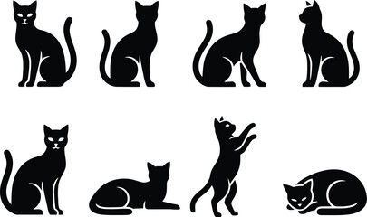 Diverse set of black cat silhouettes captured in dynamic and graceful feline poses © sehrish