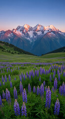 Scenic view of field with purple lupine flowers and snow-capped mountain peaks at sunrise. It evokes sense of tranquility and natural beauty