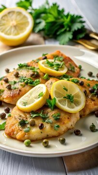 Delicious Chicken Piccata with Lemon Caper Sauce served on a white plate garnished with fresh parsley and lemon wedges