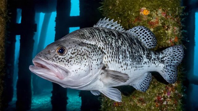 Majestic spotted fish explores vibrant underwater world near a barnacle encrusted pier pillar.