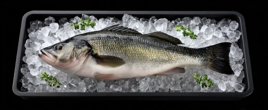 Fresh sea bass glistens on a frosty bed a treasure from the ocean's depths.