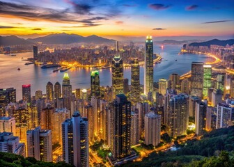 Obraz premium Panoramic view of Hong Kong skyline from Victoria Peak summit at sunset with skyscrapers and harbor lights reflected on water