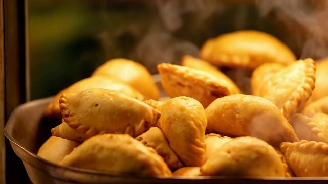 Steaming Hot Golden Delicious Savory Pastries Freshly Cooked and Ready to Be Served Close Up.