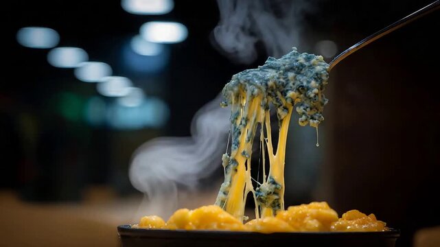 Close up of hot, steaming cheesy dish being served with a spoon. Melted cheese strings deliciously.