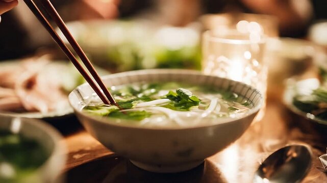 Enjoying Authentic Vietnamese Pho Noodle Soup with Chopsticks in a Warm, Cozy Setting.