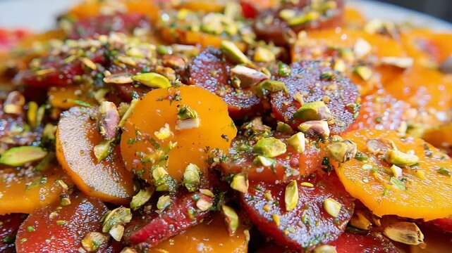 Vibrant and Healthy Gourmet Salad with Sliced Beets and Crushed Pistachios, Delicious Food Platter.