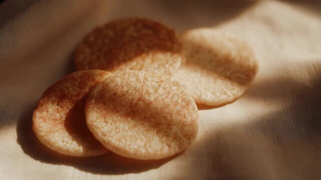 Tasty round spice dusted crackers arranged beautifully on a textured fabric surface.