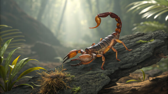 Red scorpion crawling on mossy rock in tropical rainforest sunlight