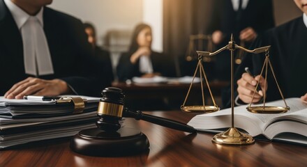 Justice System - Scales of Justice and Legal Professionals in Court.