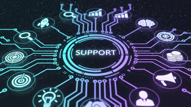 A cinematic futuristic animation of a glowing neon circular interface with the word &lsquo;SUPPORT&rsquo; in the center. Cyberpunk-style purple and teal circuit lines extend outward symmetrically across a dark 