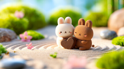 Festive Chocolate Heart Characters Meditating in a Peaceful Zen Garden with Raked Sand Patterns