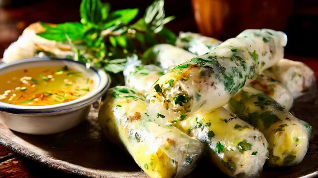 Delicious Vietnamese Fresh Spring Rolls with Dipping Sauce and Vibrant Herbs on a Plate.