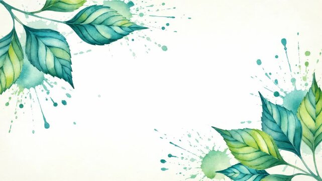 Watercolor illustration of vibrant green and blue leaves with paint splatters on white background, concept for eco-friendly packaging design, nature-themed promotion and organic product labeling