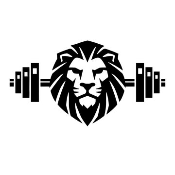 Powerful Lion Head and Barbell Fitness Logo: An Iconic Emblem of Strength, Dominance, and Relentless Dedication for Gyms, Sports Brands, and Athletic Apparel, Inspiring Peak Performance and Unwavering