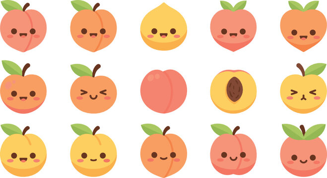 Cute peach fruit cartoon icon set flat vector collection of adorable peach characters isolated on light background