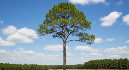 Lone pine tree standing tall against a blue sky.