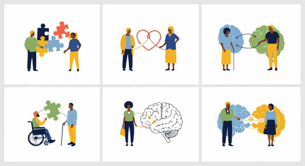 Fototapeta premium Diverse people illustrate empathy concept with puzzle pieces, linked hearts, brain connections. Empathy concept promotes understanding, support, strong bonds.