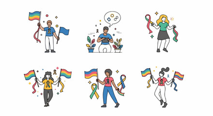 Fototapeta premium Diverse group representing pride community holds flags, awareness ribbons, symbolizing unity. People proudly display pride community symbols, representing diverse groups, important causes.
