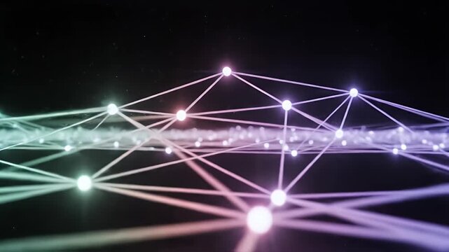 Glowing nodes connected by lines across a dark space with a gradient of pink to green hues