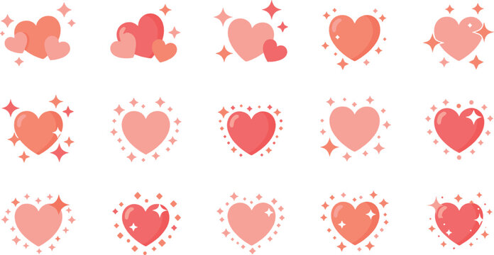 Cute sparkling heart icon set flat vector collection of romantic love symbols isolated on light background