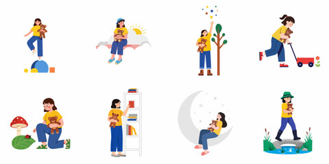 Fototapeta premium A collection of whimsical flat illustrations depicting a young girl and her beloved teddy bear engaged in various imaginative adventures and everyday childhood activities.