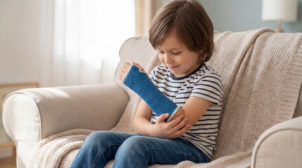 Obraz premium Young boy sitting on sofa and smiling while looking at cast