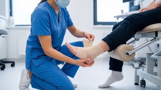 Nurse wrapping bandage around patient's ankle in medical office  