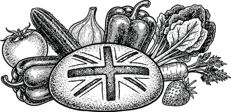 Fresh Vegetables and Fruit with Union Jack Symbol Style