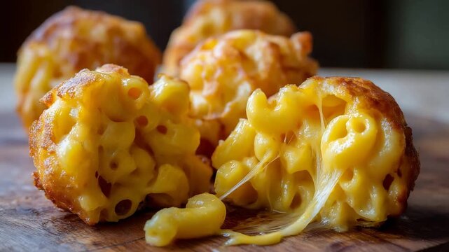 Close up of golden fried mac and cheese balls with gooey melted cheese pulling apart.