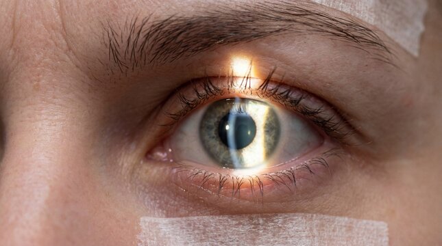 Close-up of eye during cataract test with light reflection  