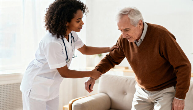 Young African American nurse assisting elderly man to stand up from sofa. Female caregiver helping senior patient in home care setting. Rehabilitation and healthcare concept