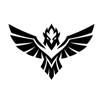 Majestic, stylized black and white geometric eagle or phoenix logo with sharp lines and a powerful, triumphant aura, perfect for esports teams, gaming brands, or any organization seeking a modern, agg