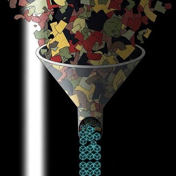 Data processing funnel transforming messy information into organized cubic blocks on dark background