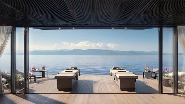 Panoramic ocean view from luxurious outdoor spa deck with massage beds for ultimate relaxation.