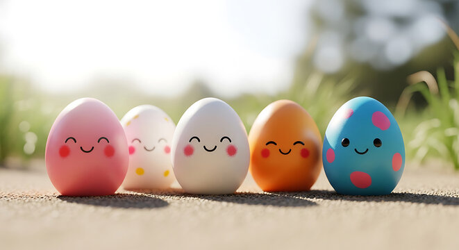 Adorable colorful Easter eggs with happy faces celebrating spring and holiday joy.