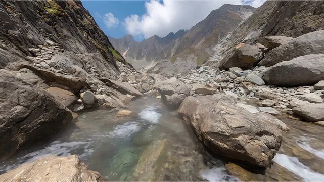 Serene alpine stream rushing over large boulders in a rugged mountain gorge landscape.