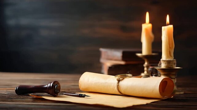 Mysterious old scroll, vintage pen, and burning candlelight on a dark wooden desk.
