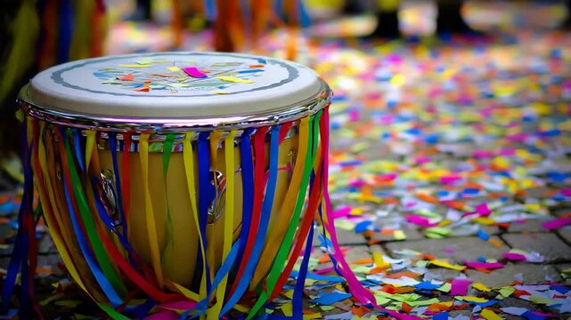 Vibrant Bongo Drum Decorated with Colorful Ribbons on a Confetti-Strewn Ground.