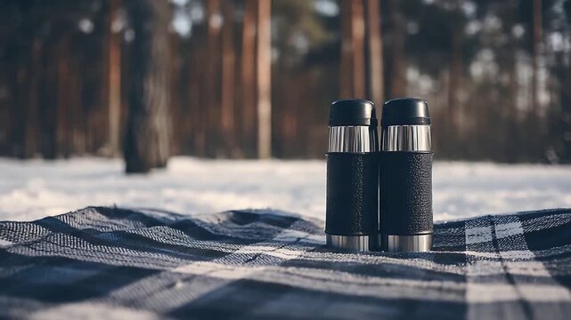 Cozy winter picnic with two insulated thermoses on a plaid blanket in a snowy forest.