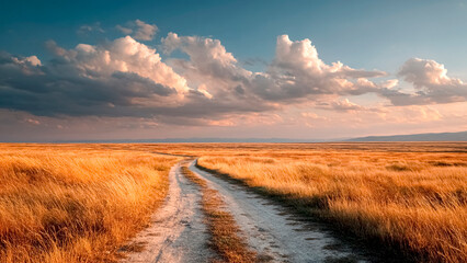 Winding Dirt Road Through Golden Grassy Fields. Rural Landscape, Agricultural Harvest, Summer Countryside.