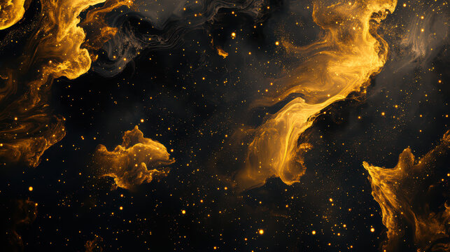 A mesmerizing cosmic scene featuring a vibrant golden nebula with scattered stars, creating a stunning and awe-inspiring visual experience.