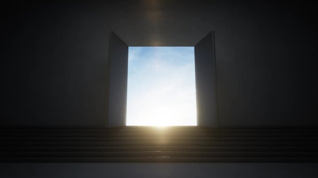 Double doors in a dark room slowly open revealing a bright, sunny sky outside