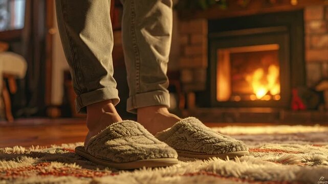 Person wearing cozy slippers, standing before a lit fireplace. Cuffed jeans rest above. Cozy home